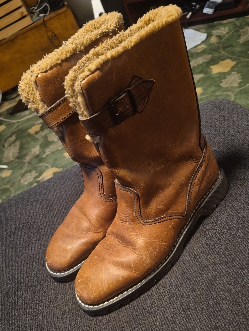 Dr. Martens Brown Leather Shearling-Trim Buckle Boots